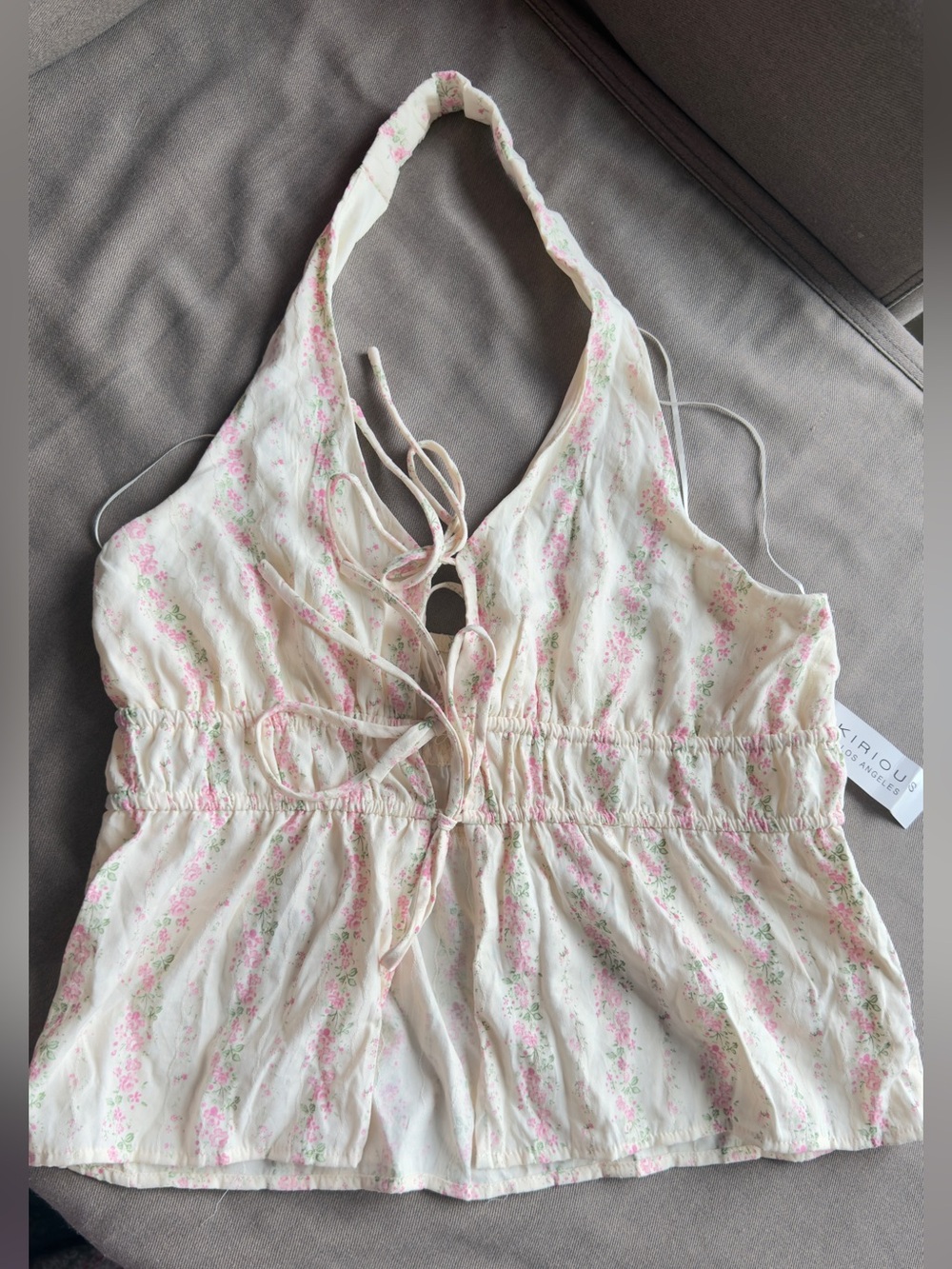 KIRIOUS Cream Floral Halter Tie-Front Camisole